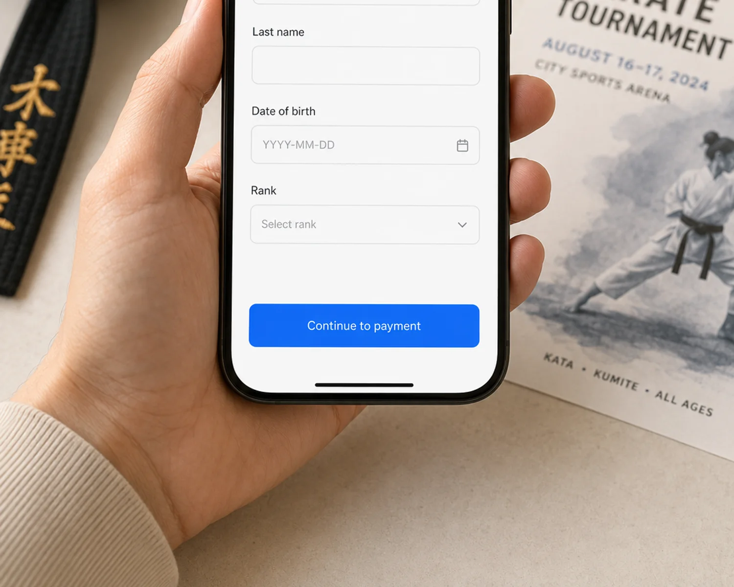 Tournament registration form on a smartphone showing division picker and Stripe payment