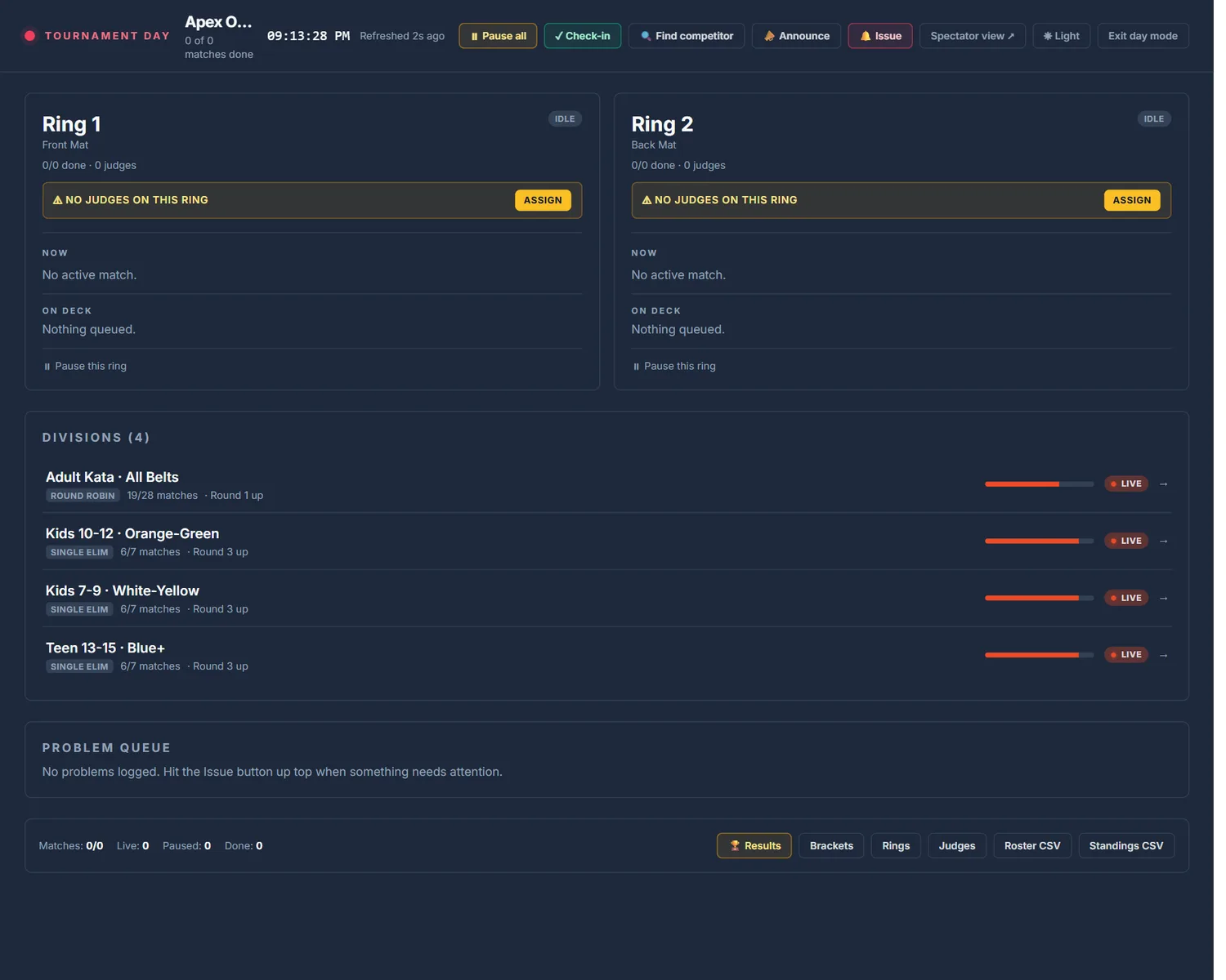Tournament-day command center: two rings with judge assignment and every division's live match progress