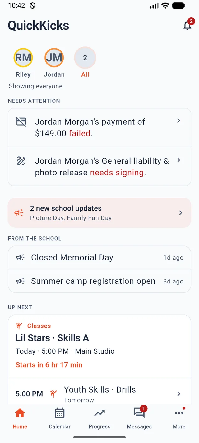 The QuickKicks parent app home screen