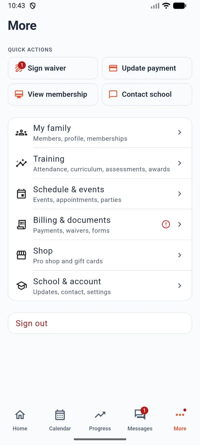 The More screen with quick actions for signing a waiver, updating payment, viewing the membership and contacting the school, plus sections for family, training, schedule, billing, shop and account