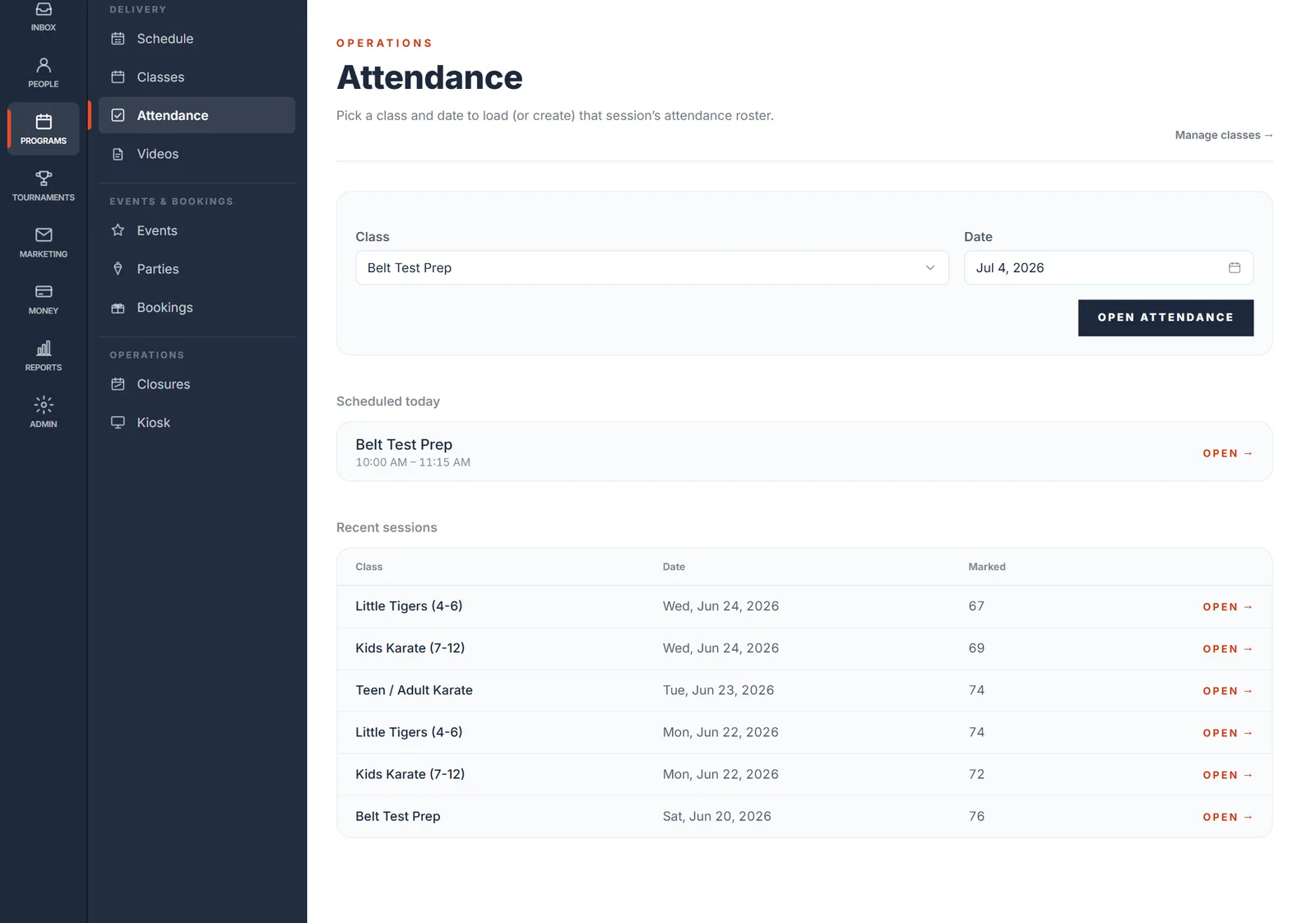 A tablet at the door does the check-in for you — Members tap in on a kiosk; staff teach the class instead of taking roll. Headcounts, streaks, and at-risk attendance patterns update in real time.