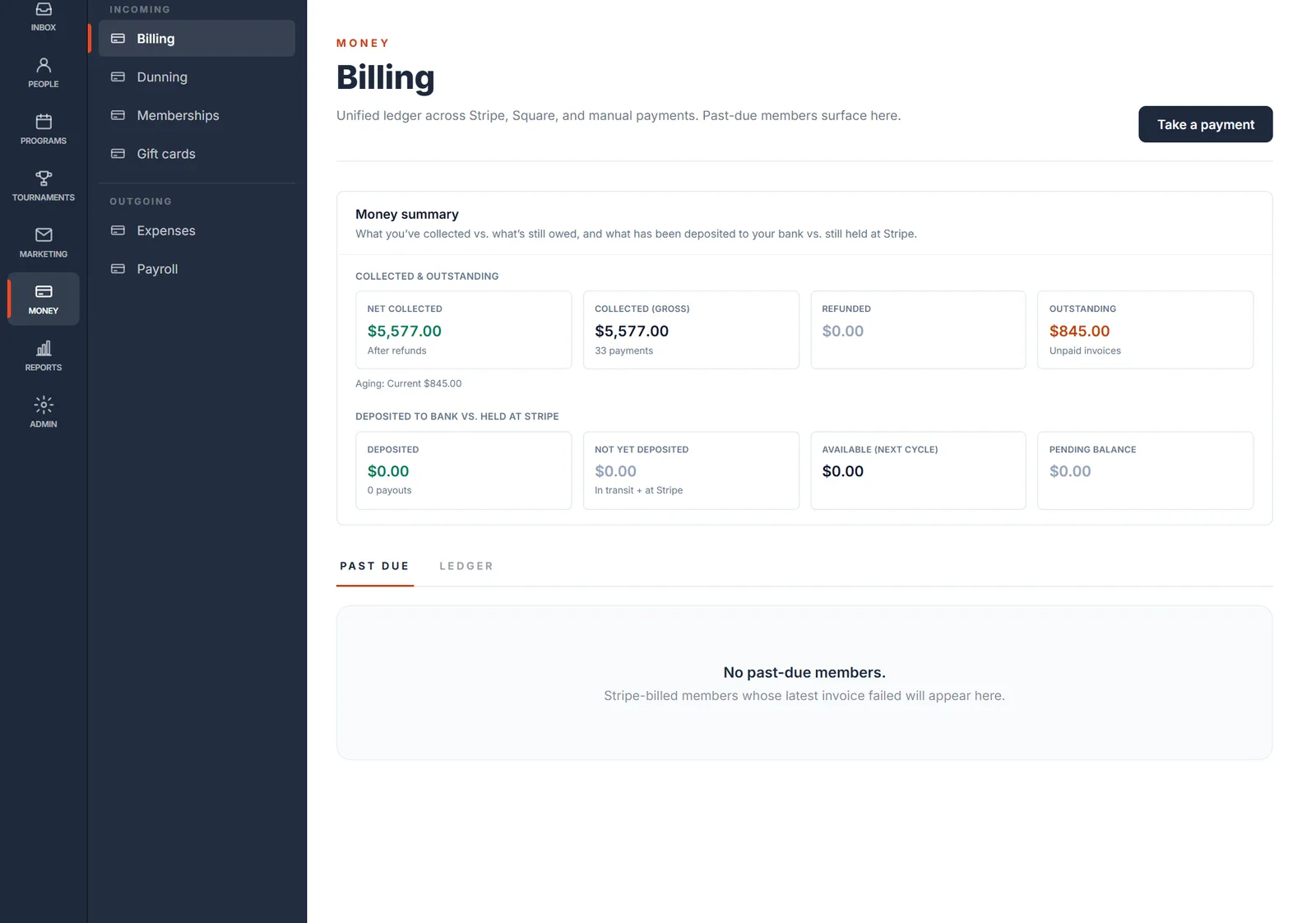 Recurring revenue that doesn't quietly leak — Tuition bills itself. When a card or ACH payment fails, you know the same day, not at the end of the month when the deposit comes up short. Log what goes out, too, and the whole ledger lands in your accounting software.