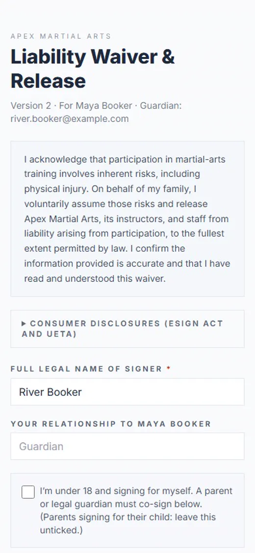 Step 2: Tap Sign waiver