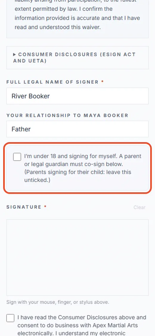 Step 5: Signing as the parent? Leave this empty