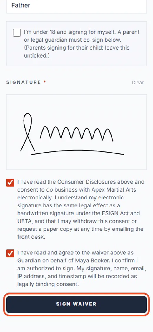 Step 8: Tap Sign waiver