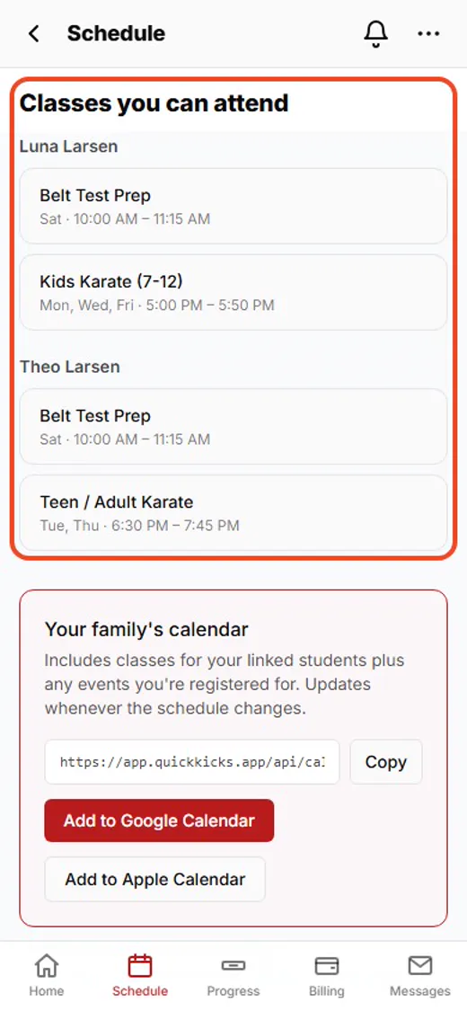 Step 3: Classes each child can attend